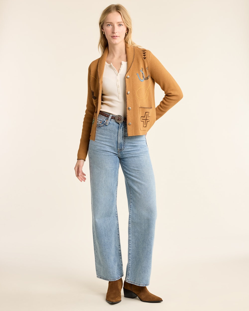 ALTERNATE VIEW OF WOMEN'S WESTERN SOUVENIR CARDIGAN IN BUCKSKIN BROWN image number 6