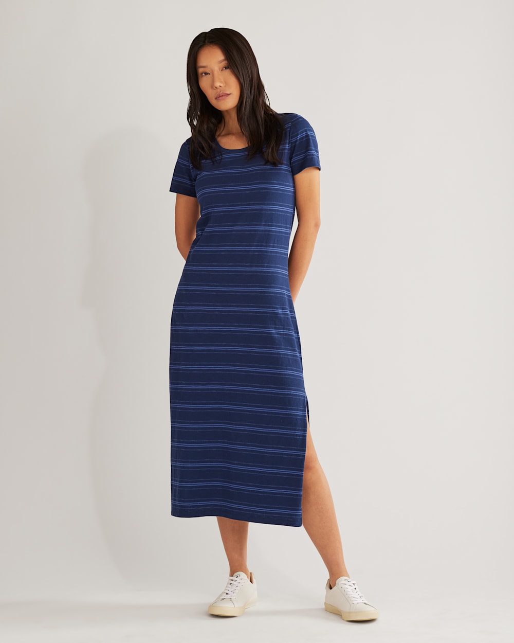 WOMEN'S COTTON SLUB MIDI DRESS IN INDIGO BLUE STRIPE image number 1
