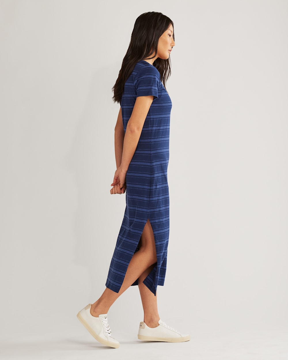 ALTERNATE VIEW OF WOMEN'S COTTON SLUB MIDI DRESS IN INDIGO BLUE STRIPE image number 2