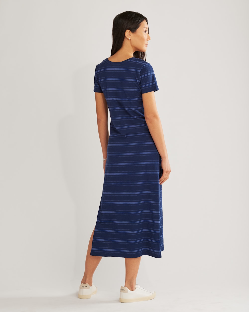 ALTERNATE VIEW OF WOMEN'S COTTON SLUB MIDI DRESS IN INDIGO BLUE STRIPE image number 3