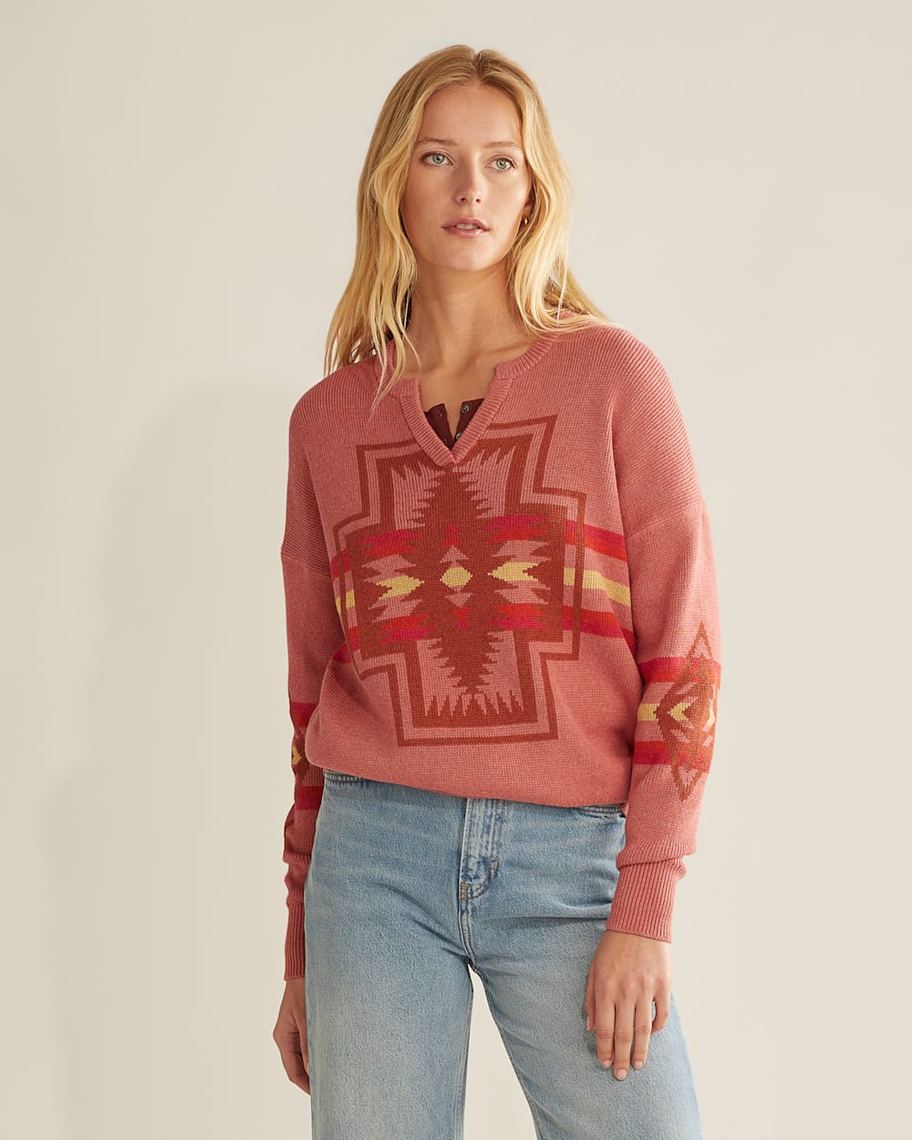 WOMEN'S GRAPHIC COTTON PULLOVER IN FADED ROSE MULTI HARDING image number 1