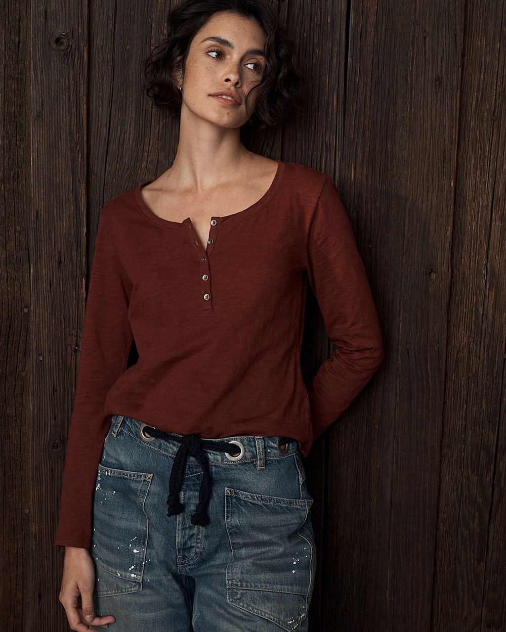 ALTERNATE VIEW OF WOMEN'S LONG-SLEEVE COTTON SLUB HENLEY TEE IN BRANDIED PLUM image number 5