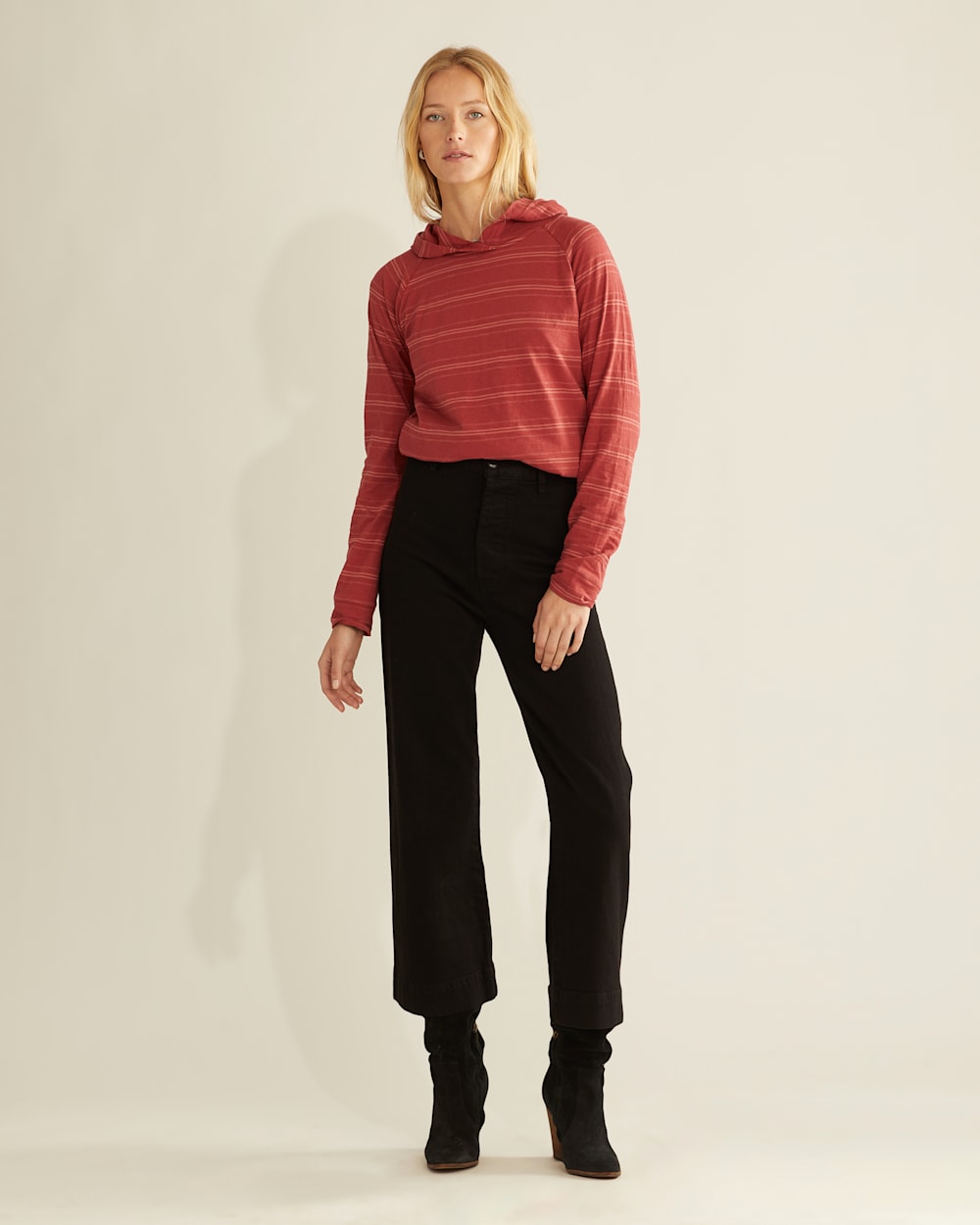 WOMEN'S LONG-SLEEVE COTTON SLUB HOODED TEE IN ROSEWOOD STRIPE image number 1