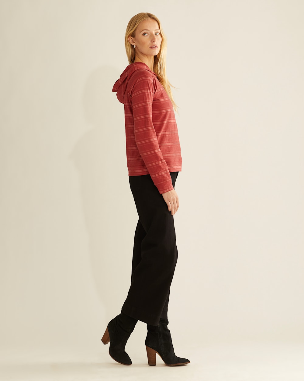 ALTERNATE VIEW OF WOMEN'S LONG-SLEEVE COTTON SLUB HOODED TEE IN ROSEWOOD STRIPE image number 2