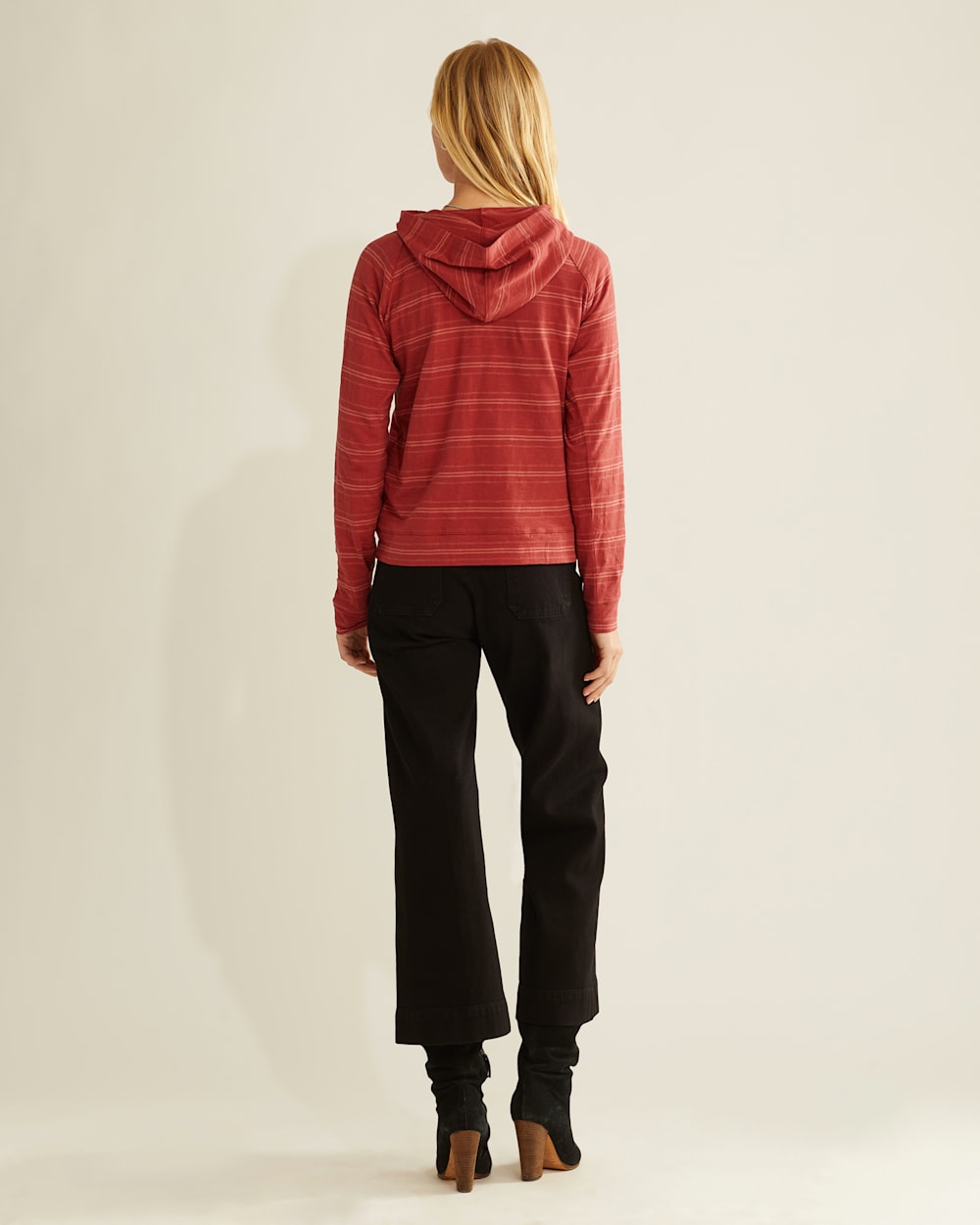 ALTERNATE VIEW OF WOMEN'S LONG-SLEEVE COTTON SLUB HOODED TEE IN ROSEWOOD STRIPE image number 3