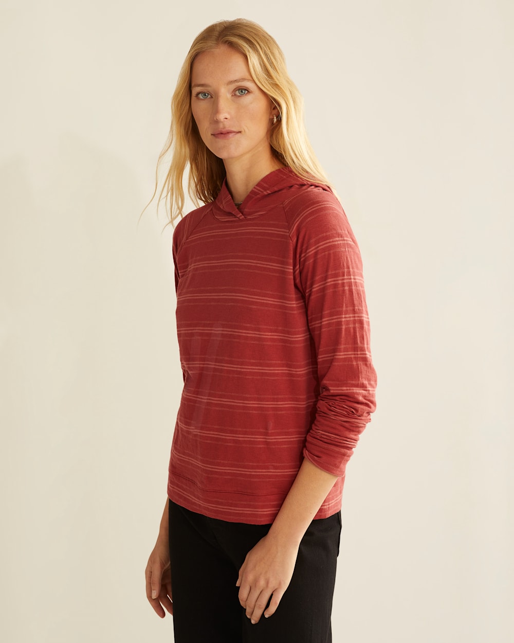 ALTERNATE VIEW OF WOMEN'S LONG-SLEEVE COTTON SLUB HOODED TEE IN ROSEWOOD STRIPE image number 4