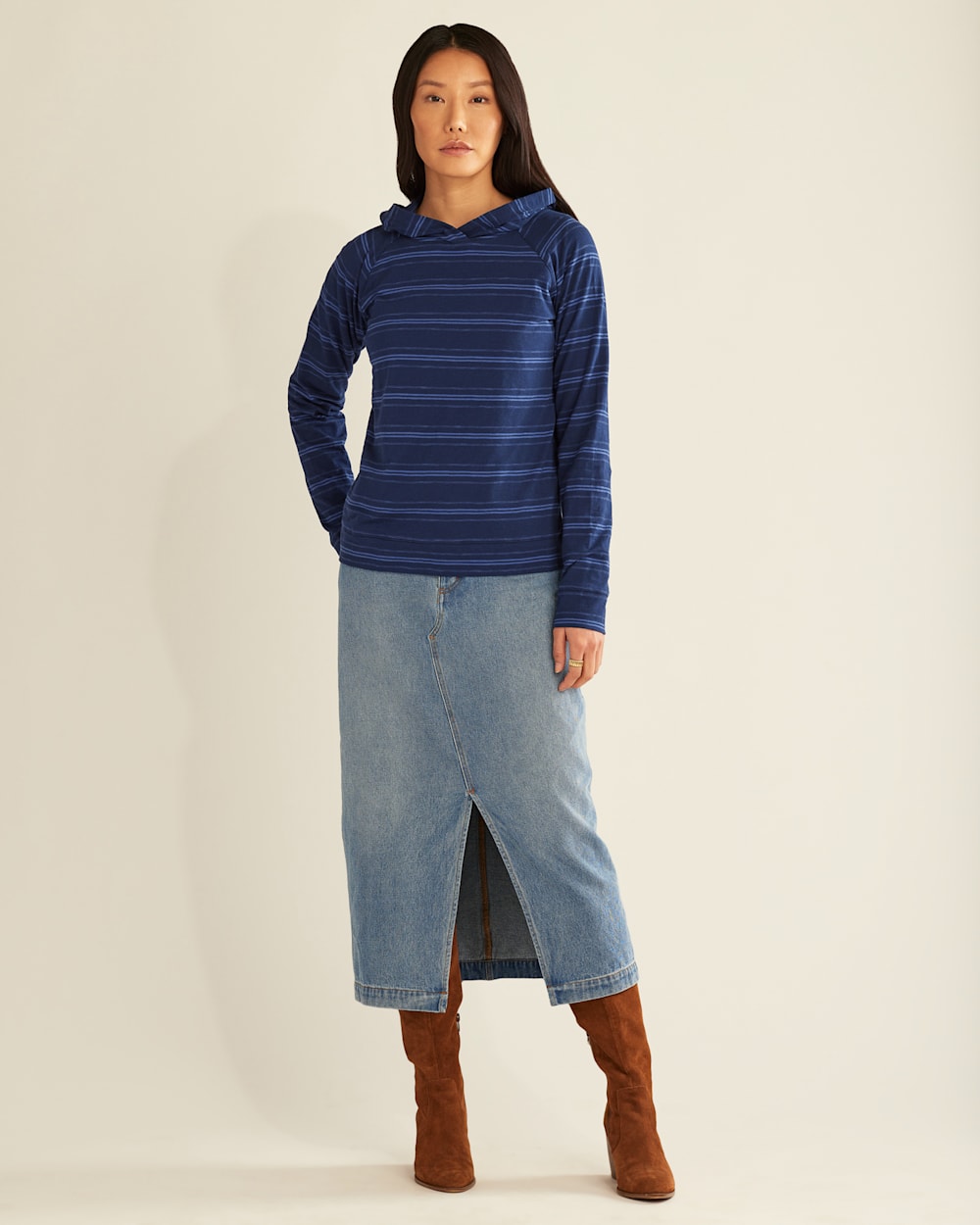 WOMEN'S LONG-SLEEVE COTTON SLUB HOODED TEE IN INDIGO BLUE STRIPE image number 1