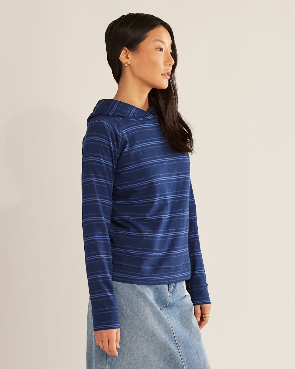 ALTERNATE VIEW OF WOMEN'S LONG-SLEEVE COTTON SLUB HOODED TEE IN INDIGO BLUE STRIPE image number 2