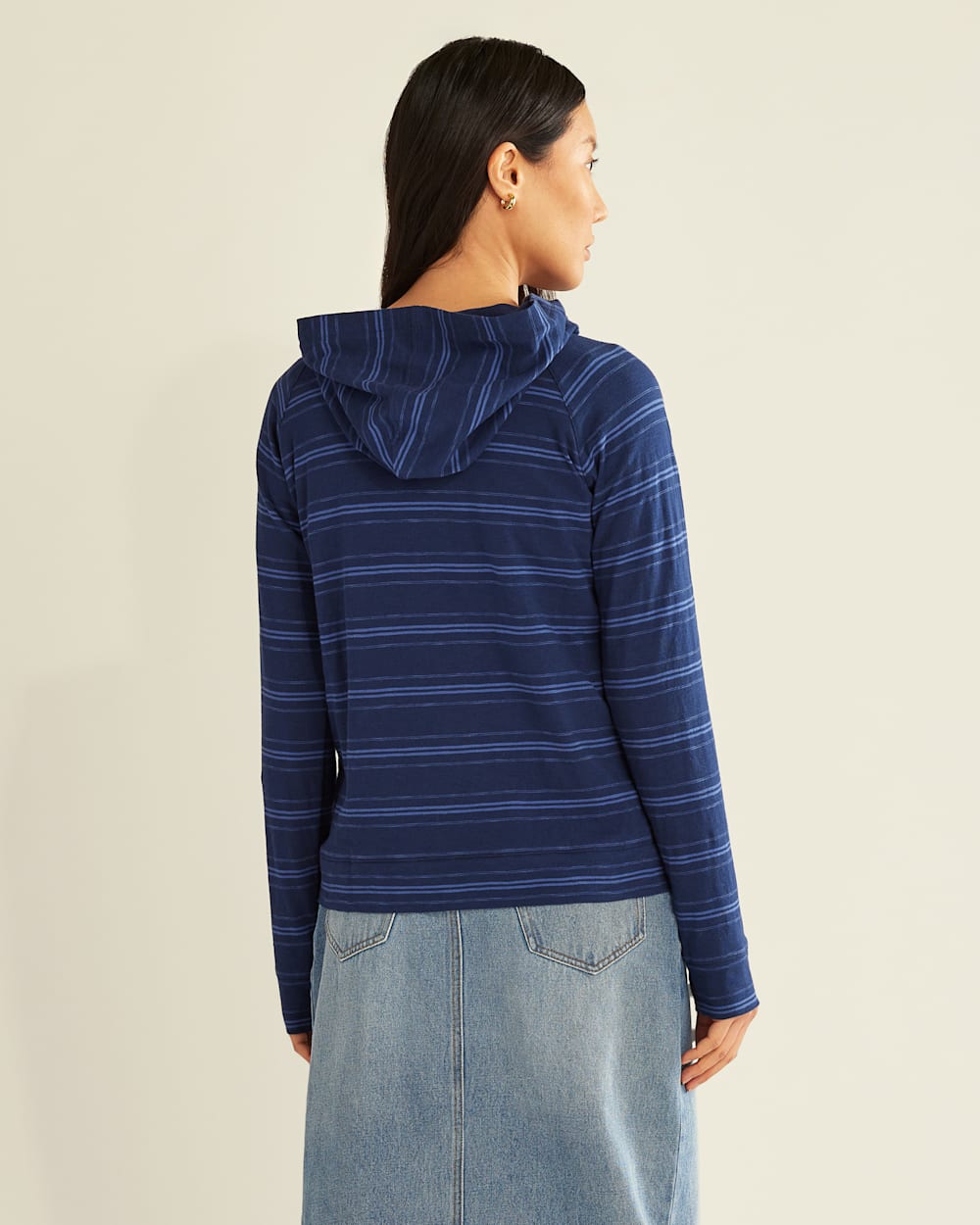 ALTERNATE VIEW OF WOMEN'S LONG-SLEEVE COTTON SLUB HOODED TEE IN INDIGO BLUE STRIPE image number 3