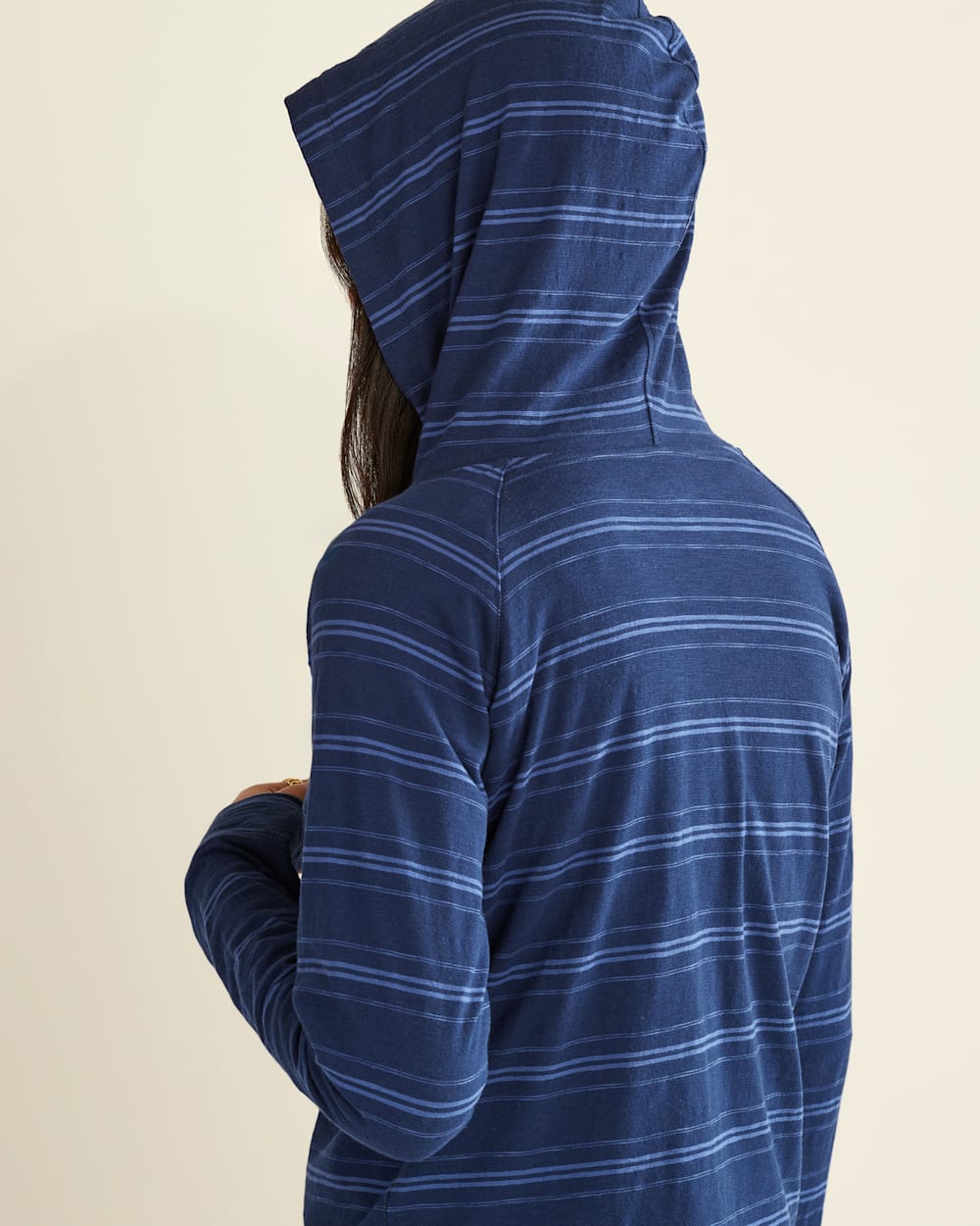 ALTERNATE VIEW OF WOMEN'S LONG-SLEEVE COTTON SLUB HOODED TEE IN INDIGO BLUE STRIPE image number 4