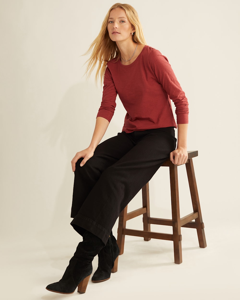 ALTERNATE VIEW OF WOMEN'S LONG-SLEEVE COTTON SLUB TEE IN ROSEWOOD image number 5