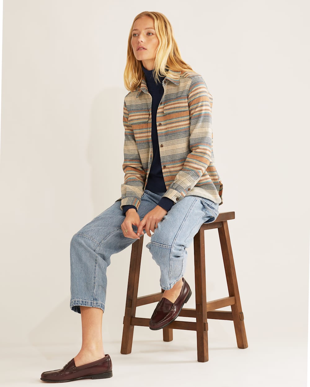 ALTERNATE VIEW OF WOMEN'S STRIPED BOARD SHIRT IN TAN MULTI STRIPE image number 4