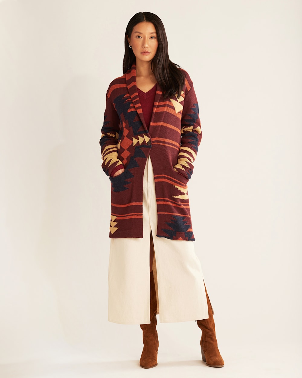 ALTERNATE VIEW OF WOMEN'S GRAPHIC SWEATER COAT IN MAROON MULTI image number 5