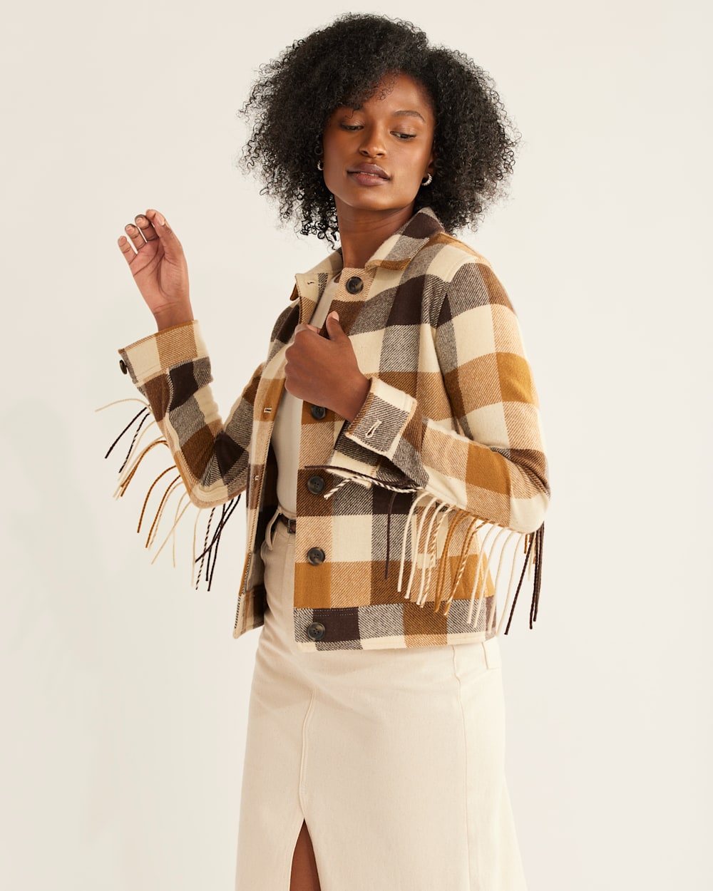 WOMEN'S FRINGE WOOL JACKET IN CAMEL/IVORY CHECK image number 1