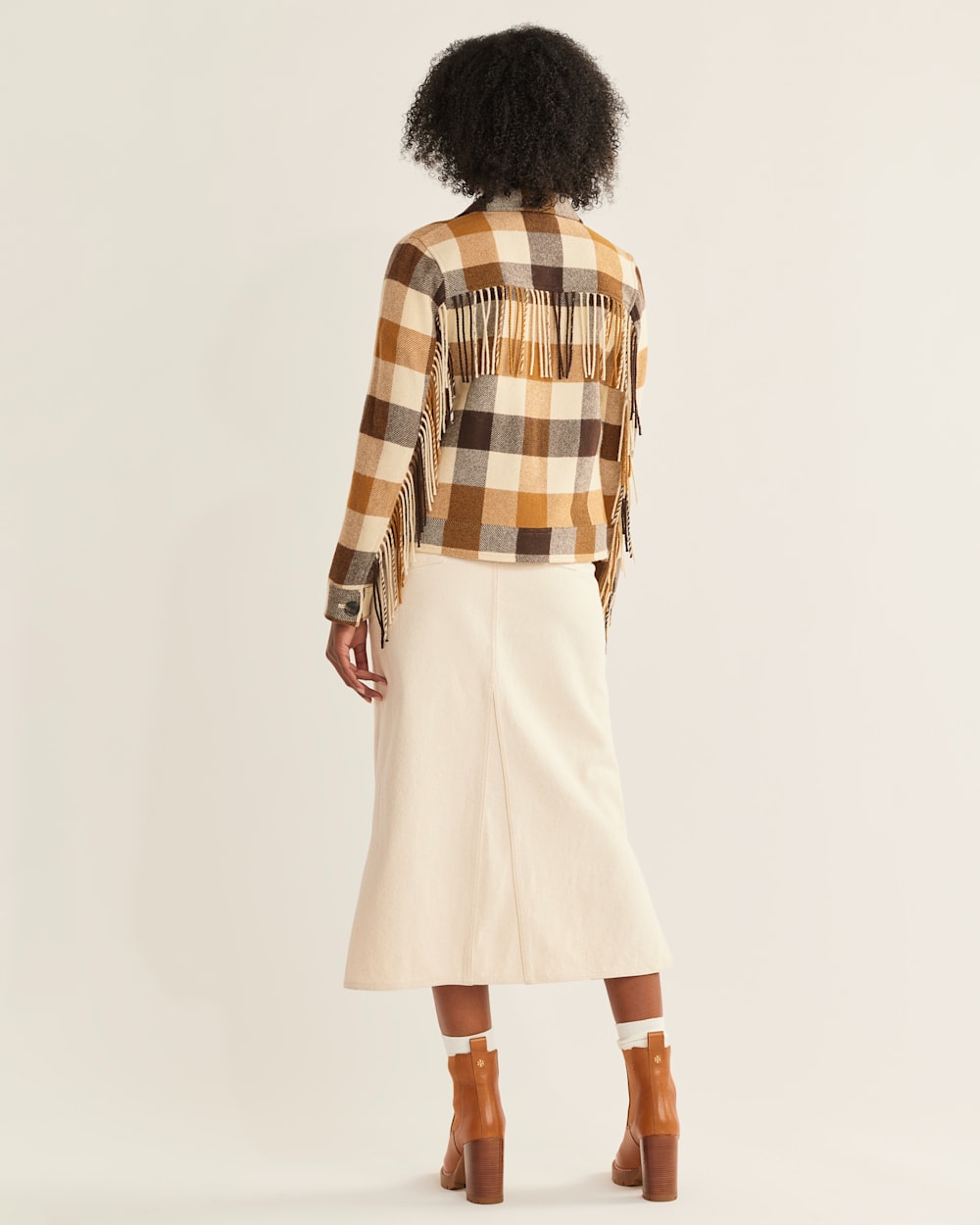 ALTERNATE VIEW OF WOMEN'S FRINGE WOOL JACKET IN CAMEL/IVORY CHECK image number 3