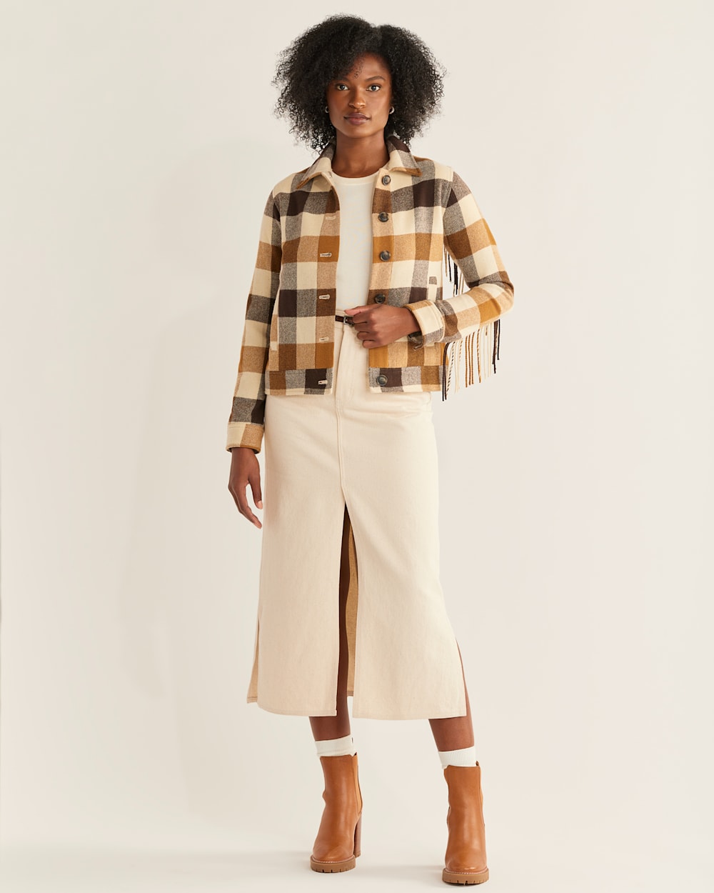 ALTERNATE VIEW OF WOMEN'S FRINGE WOOL JACKET IN CAMEL/IVORY CHECK image number 4
