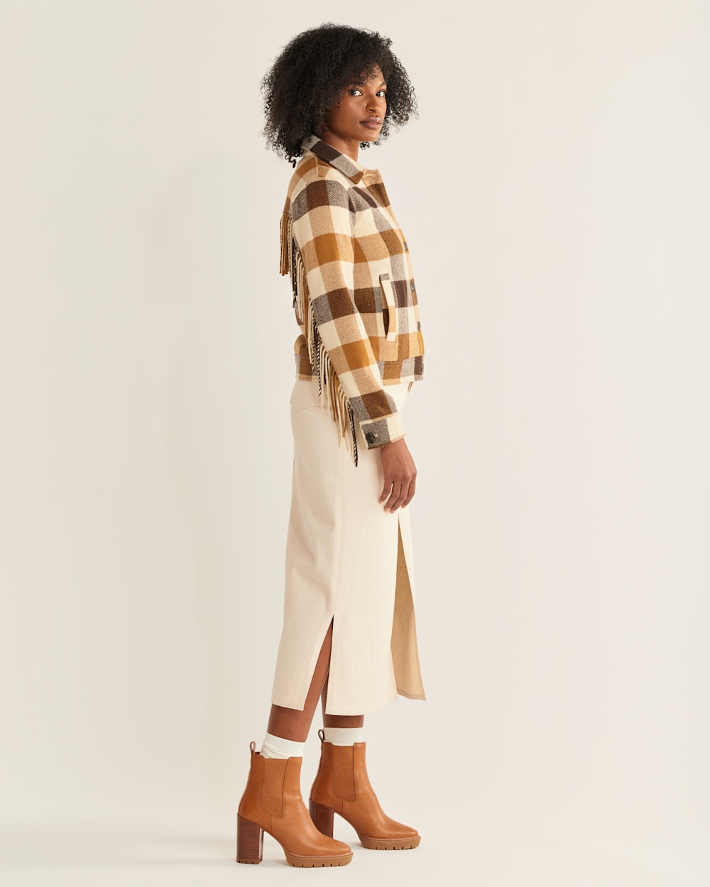 ALTERNATE VIEW OF WOMEN'S FRINGE WOOL JACKET IN CAMEL/IVORY CHECK image number 5