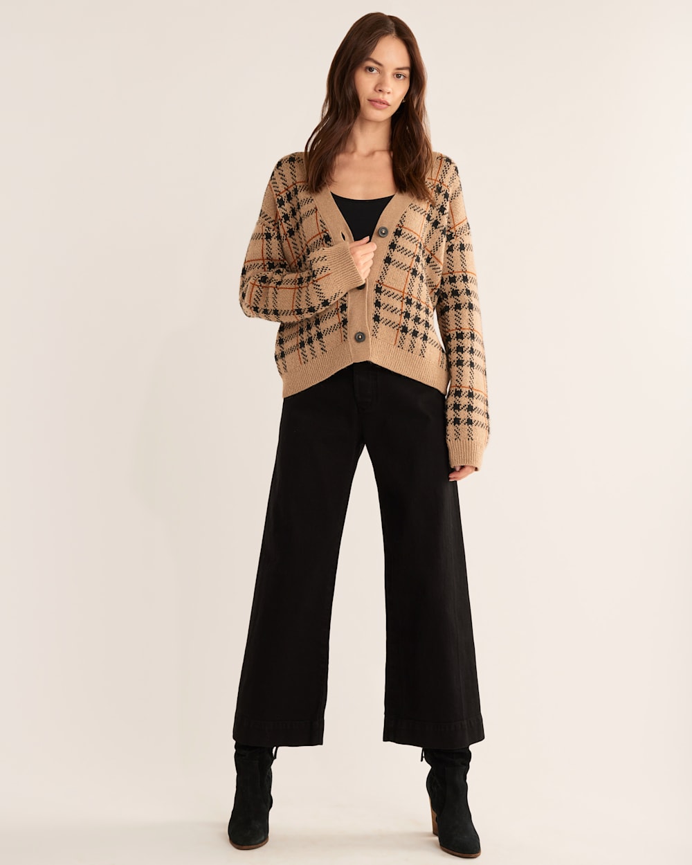 WOMEN'S LUXE PLAID CROPPED CARDIGAN IN TAUPE MULTI PLAID image number 1