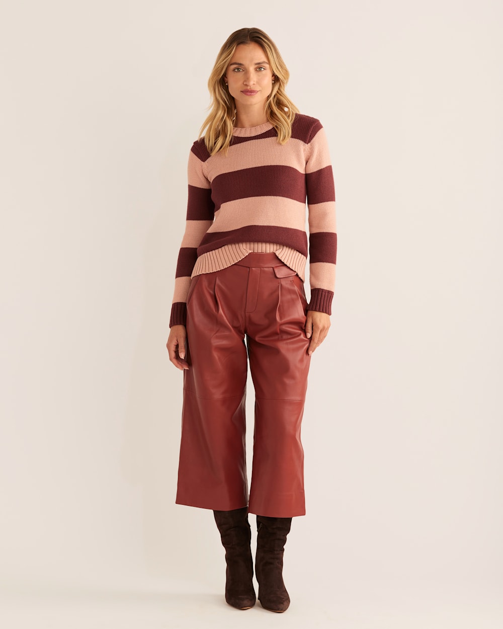 WOMEN'S SELLWOOD STRIPE COTTON SWEATER IN MAHOGANY ROSE/BRANDIED PLUM image number 1