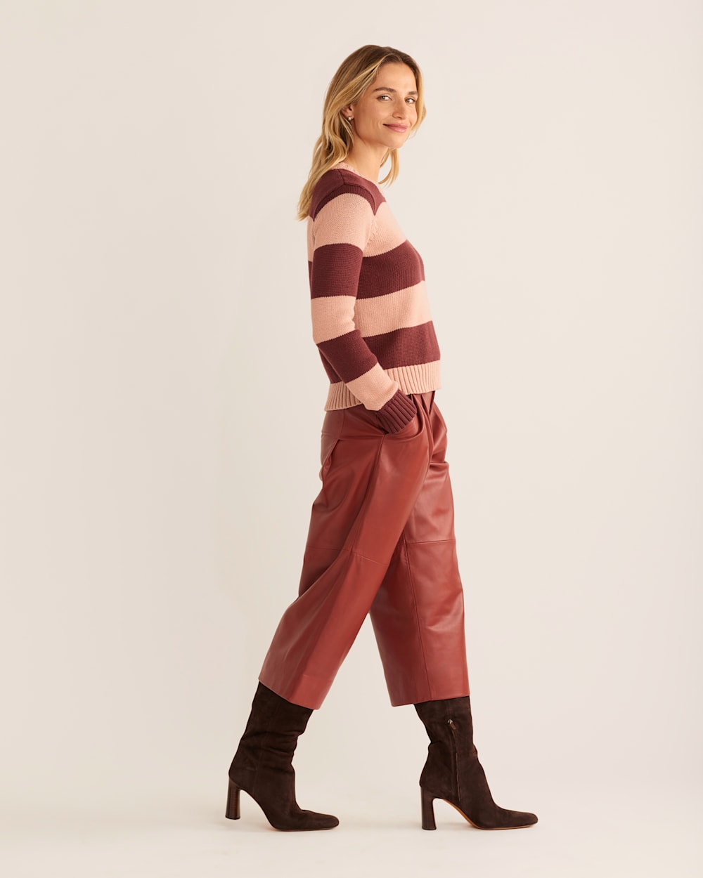 ALTERNATE VIEW OF WOMEN'S SELLWOOD STRIPE COTTON SWEATER IN MAHOGANY ROSE/BRANDIED PLUM image number 2