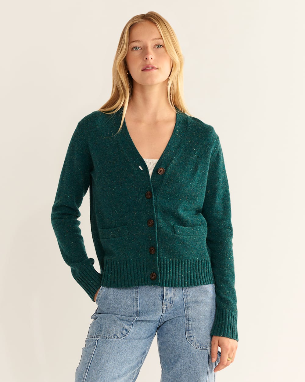 WOMEN'S MERINO CROPPED CARDIGAN IN TEAL DONEGAL image number 1