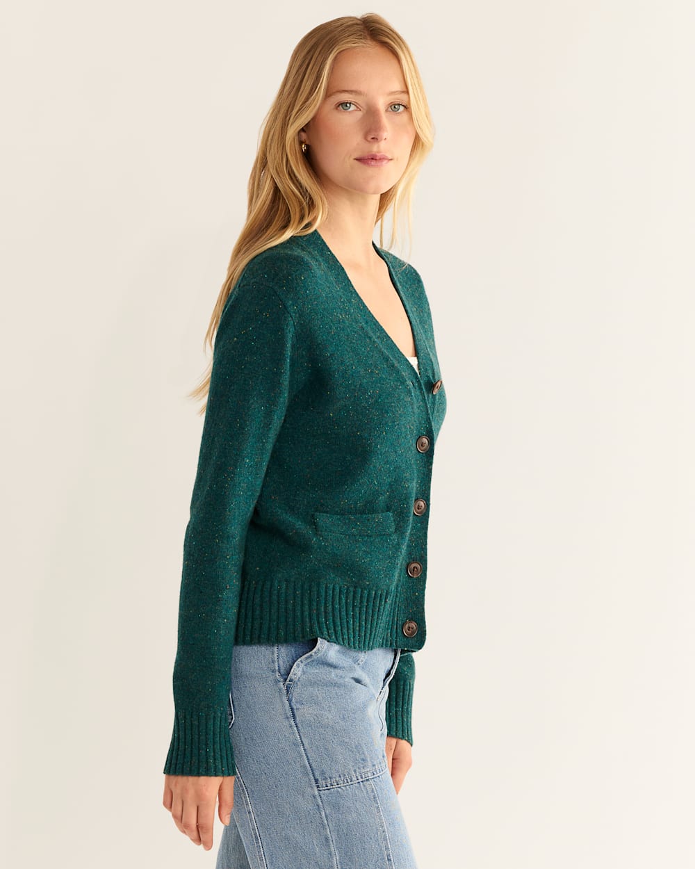 ALTERNATE VIEW OF WOMEN'S MERINO CROPPED CARDIGAN IN TEAL DONEGAL image number 2