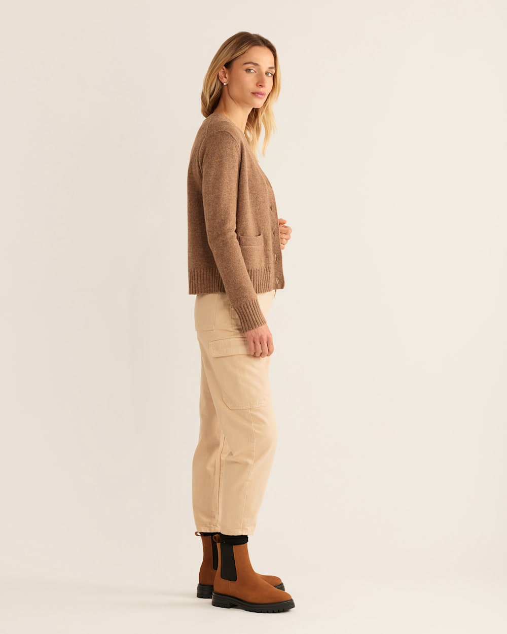 ALTERNATE VIEW OF WOMEN'S MERINO CROPPED CARDIGAN IN TAUPE DONEGAL image number 3