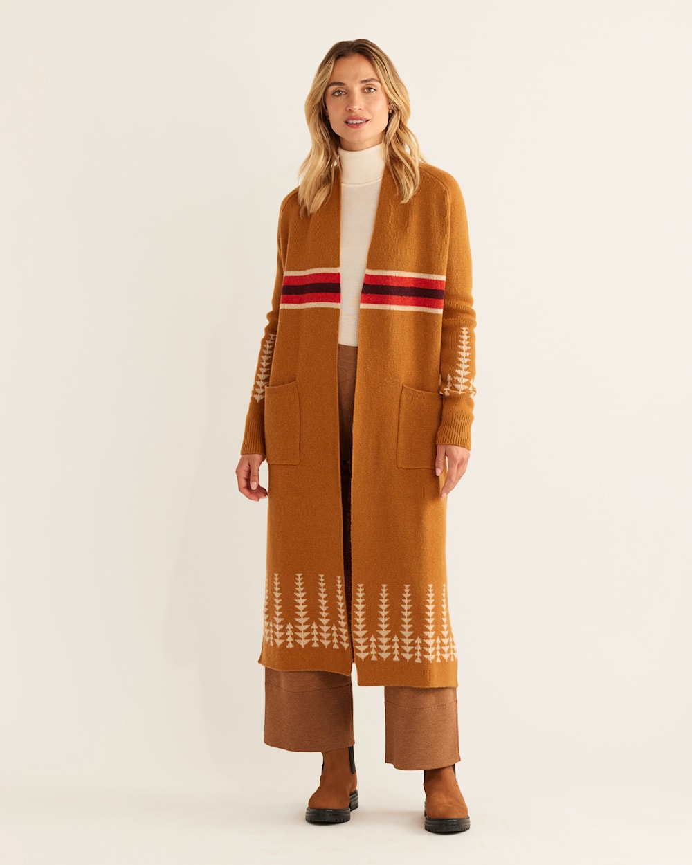 WOMEN'S LONG DUSTER SWEATER IN MEDAL BRONZE MULTI image number 1