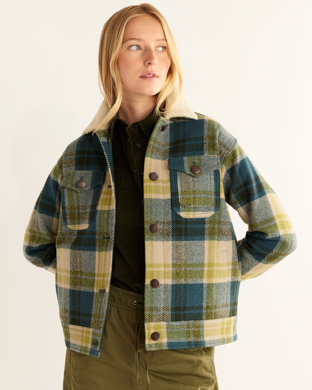 ALTERNATE VIEW OF WOMEN'S WOOL STADIUM TRUCKER COAT IN BLUE/GREEN PLAID image number 5