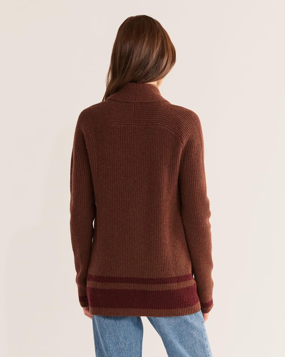 ALTERNATE VIEW OF WOMEN'S STRIPED SHAWL-COLLAR SHETLAND CARDIGAN IN BROWN HEATHER/MAROON image number 5