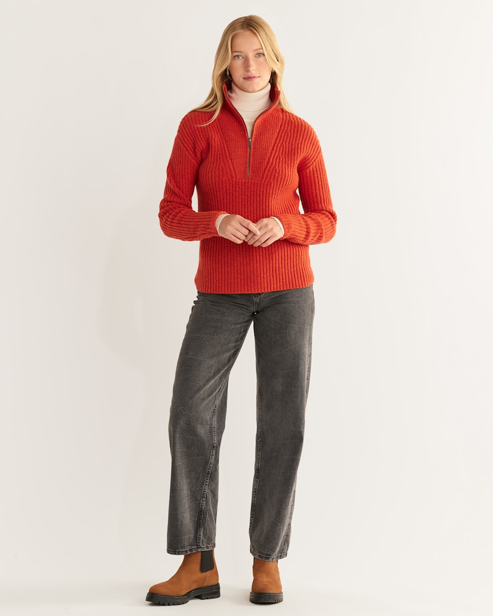 WOMEN'S LAMBSWOOL SHAKER STITCH ZIP PULLOVER IN RED OCHRE image number 1