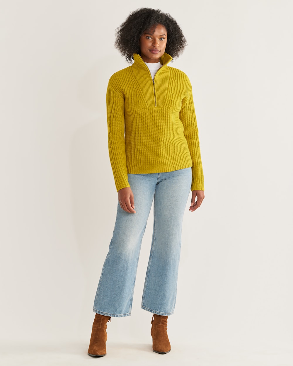 WOMEN'S LAMBSWOOL SHAKER STITCH ZIP PULLOVER IN CHARTREUSE image number 1