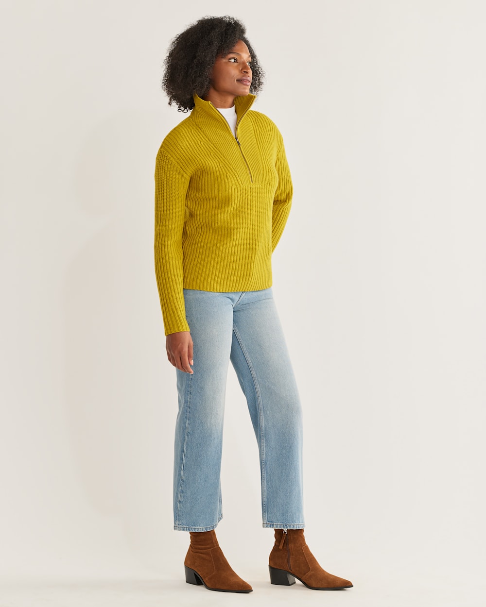 ALTERNATE VIEW OF WOMEN'S LAMBSWOOL SHAKER STITCH ZIP PULLOVER IN CHARTREUSE image number 2