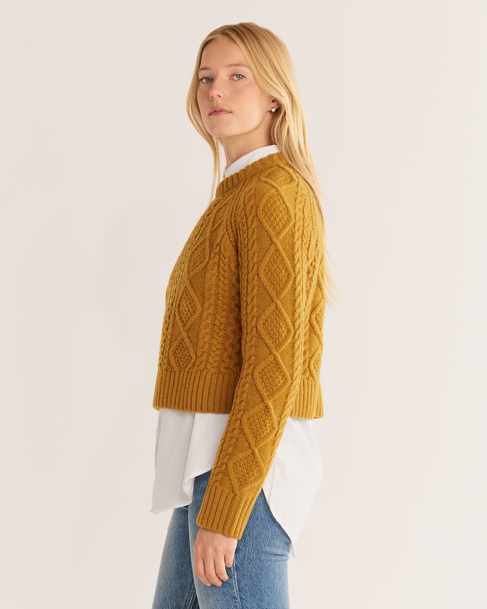 ALTERNATE VIEW OF WOMEN�S SHETLAND COLLECTION FISHERMAN SWEATER IN DEEP GOLD image number 2
