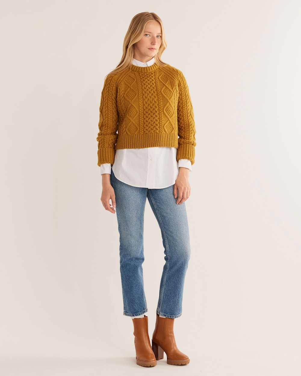 ALTERNATE VIEW OF WOMEN�S SHETLAND COLLECTION FISHERMAN SWEATER IN DEEP GOLD image number 5