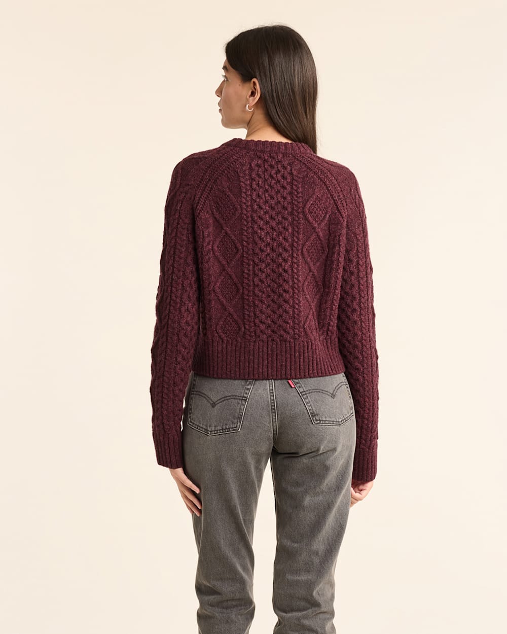 ALTERNATE VIEW OF WOMEN�S SHETLAND COLLECTION FISHERMAN SWEATER IN BURGUNDY HEATHER image number 3