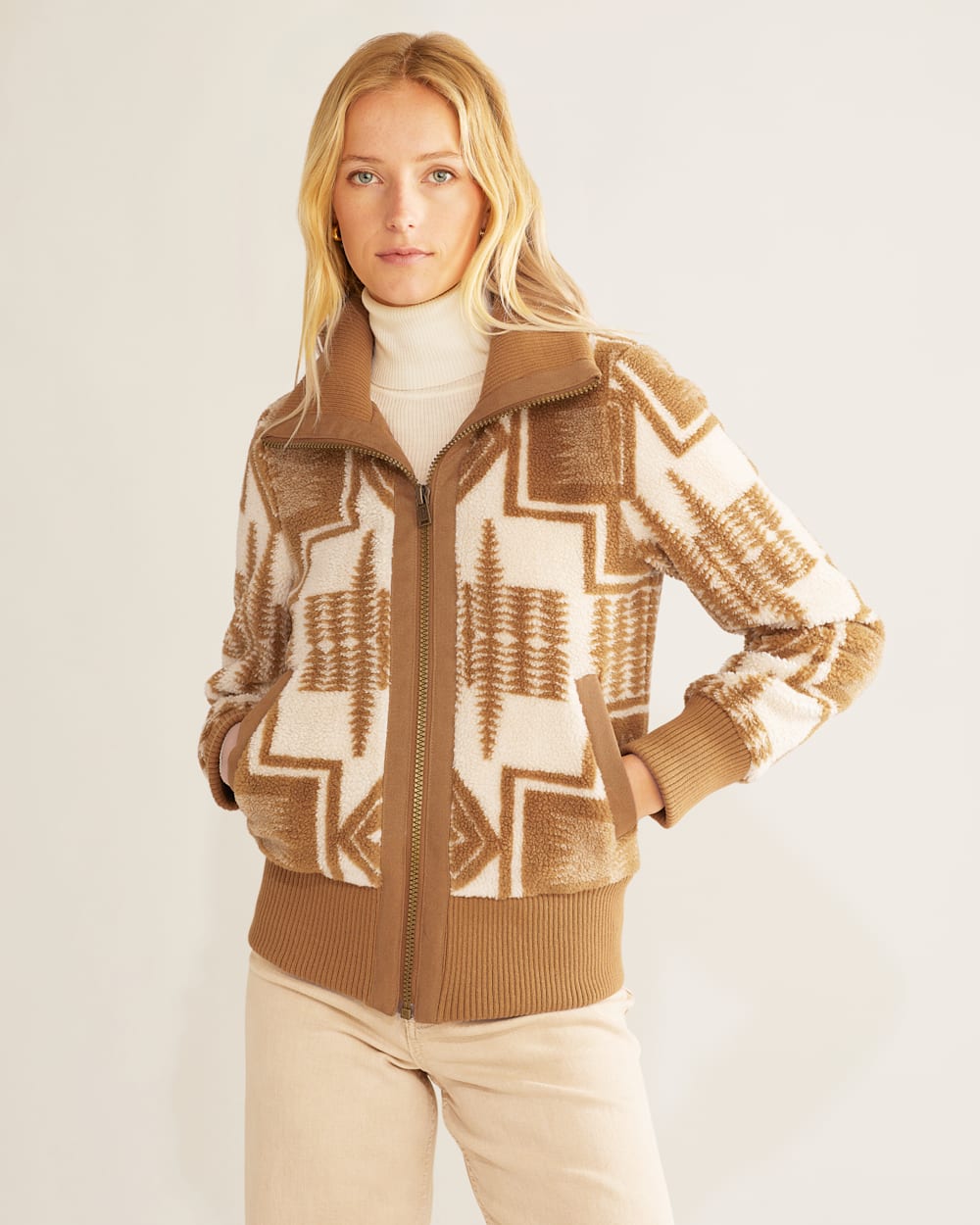 WOMEN'S FOXGLOVE FLEECE BOMBER JACKET IN IVORY/SADDLE HARDING image number 1