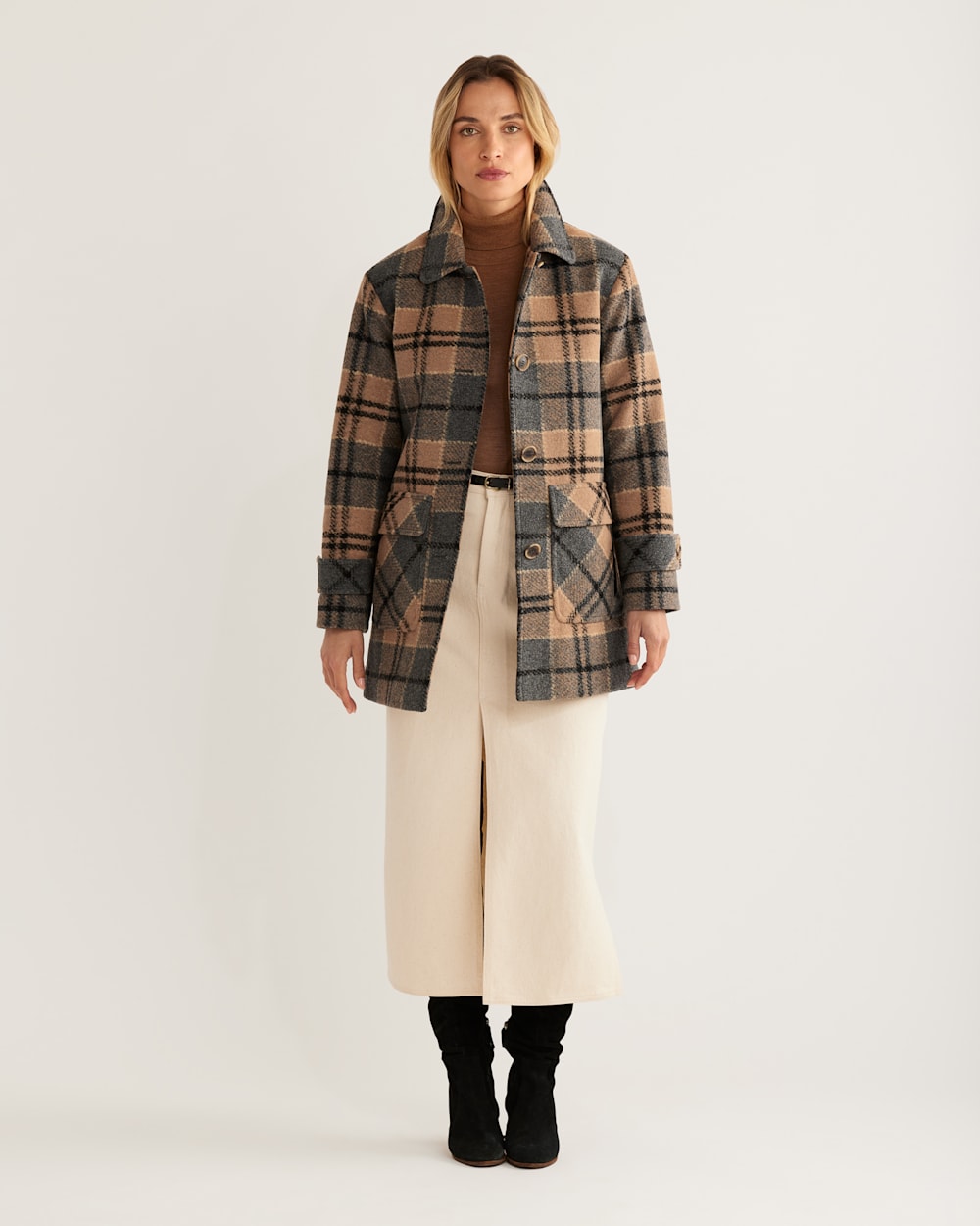 WOMEN'S NAPA BUTTON-FRONT BARN COAT IN CAMEL/GREY PLAID image number 1