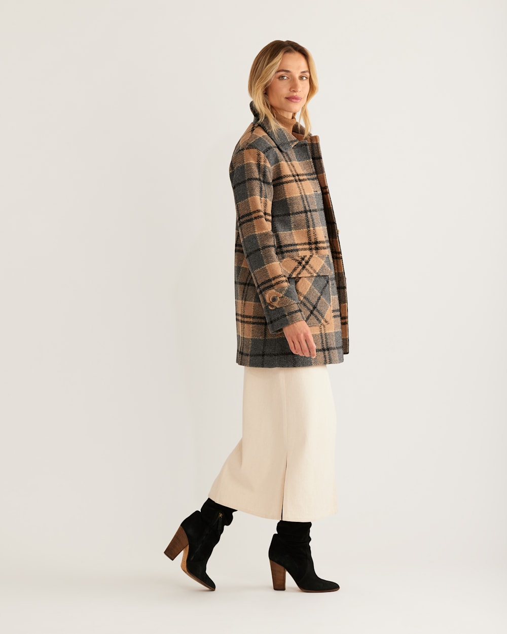 ALTERNATE VIEW OF WOMEN'S NAPA BUTTON-FRONT BARN COAT IN CAMEL/GREY PLAID image number 2