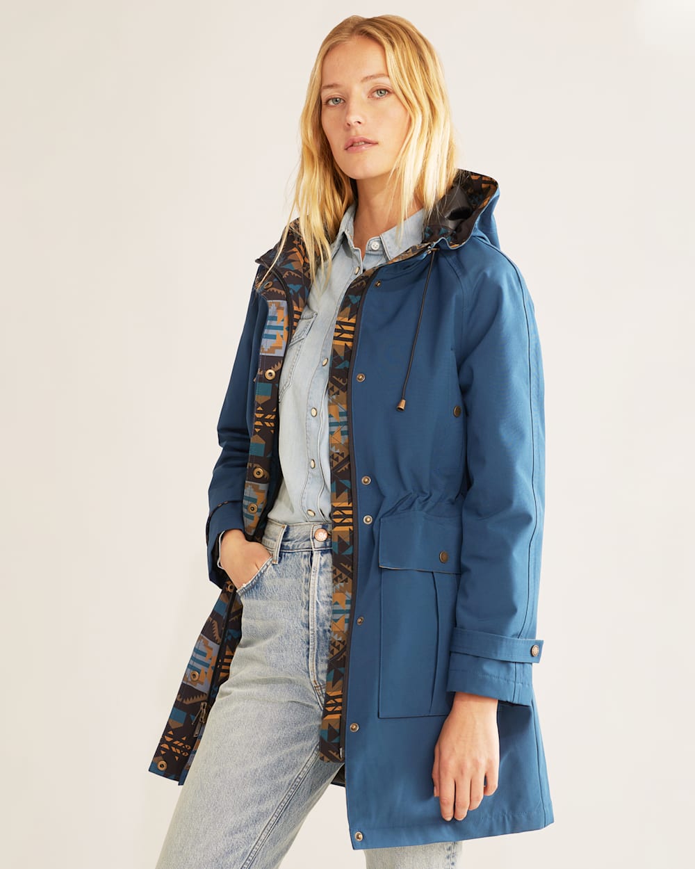 ALTERNATE VIEW OF WOMEN'S BRIDGEPORT HOODED TRENCH COAT IN MOROCCAN BLUE image number 5