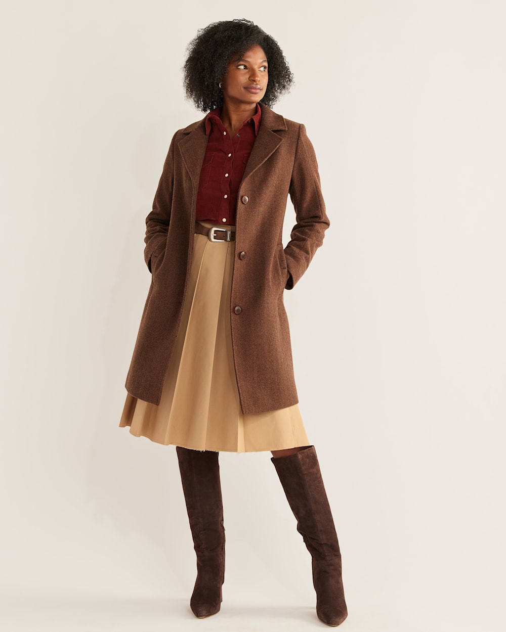 WOMEN'S TWEED WALKER WOOL COAT IN BROWN/CHARCOAL HERRINGBONE image number 1