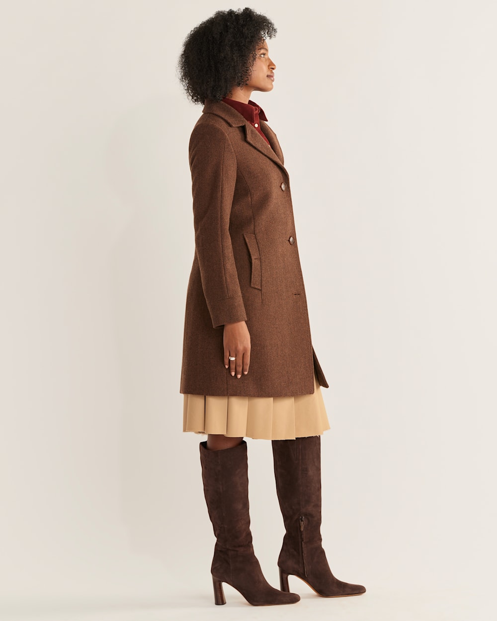 ALTERNATE VIEW OF WOMEN'S TWEED WALKER WOOL COAT IN BROWN/CHARCOAL HERRINGBONE image number 3