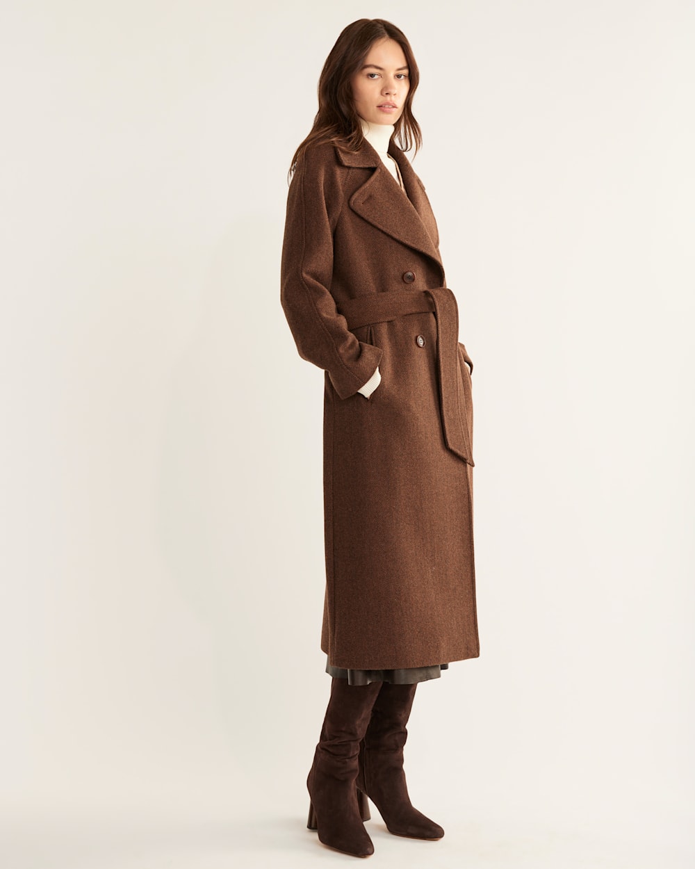 ALTERNATE VIEW OF WOMEN'S UPTOWN LONG WOOL COAT IN BROWN/CHARCOAL HERRINGBONE image number 2