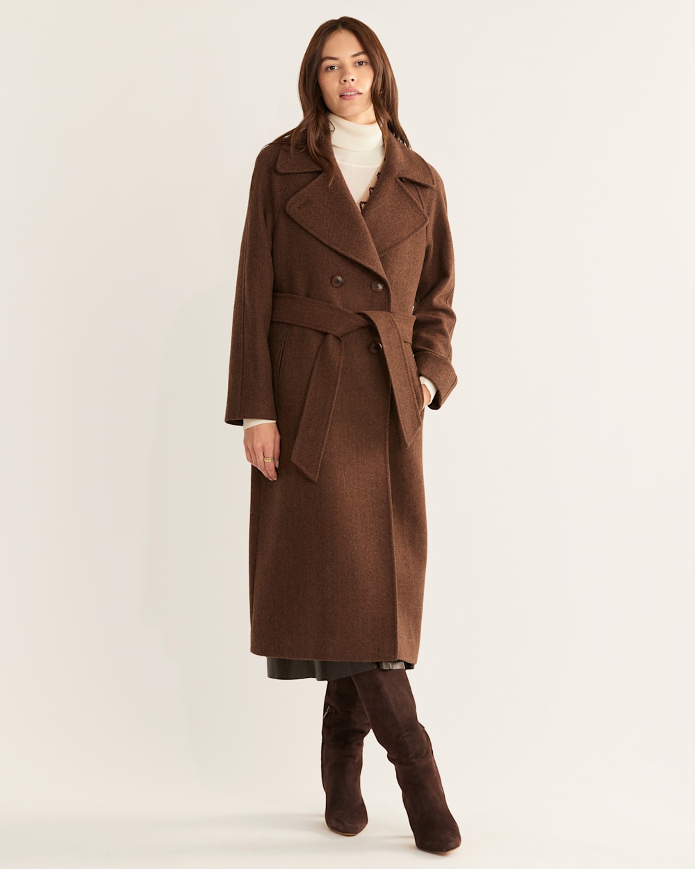 Brown Women's Outdoor Dress Coat Double Breasted Wool Long Overcoat with  Pockets 