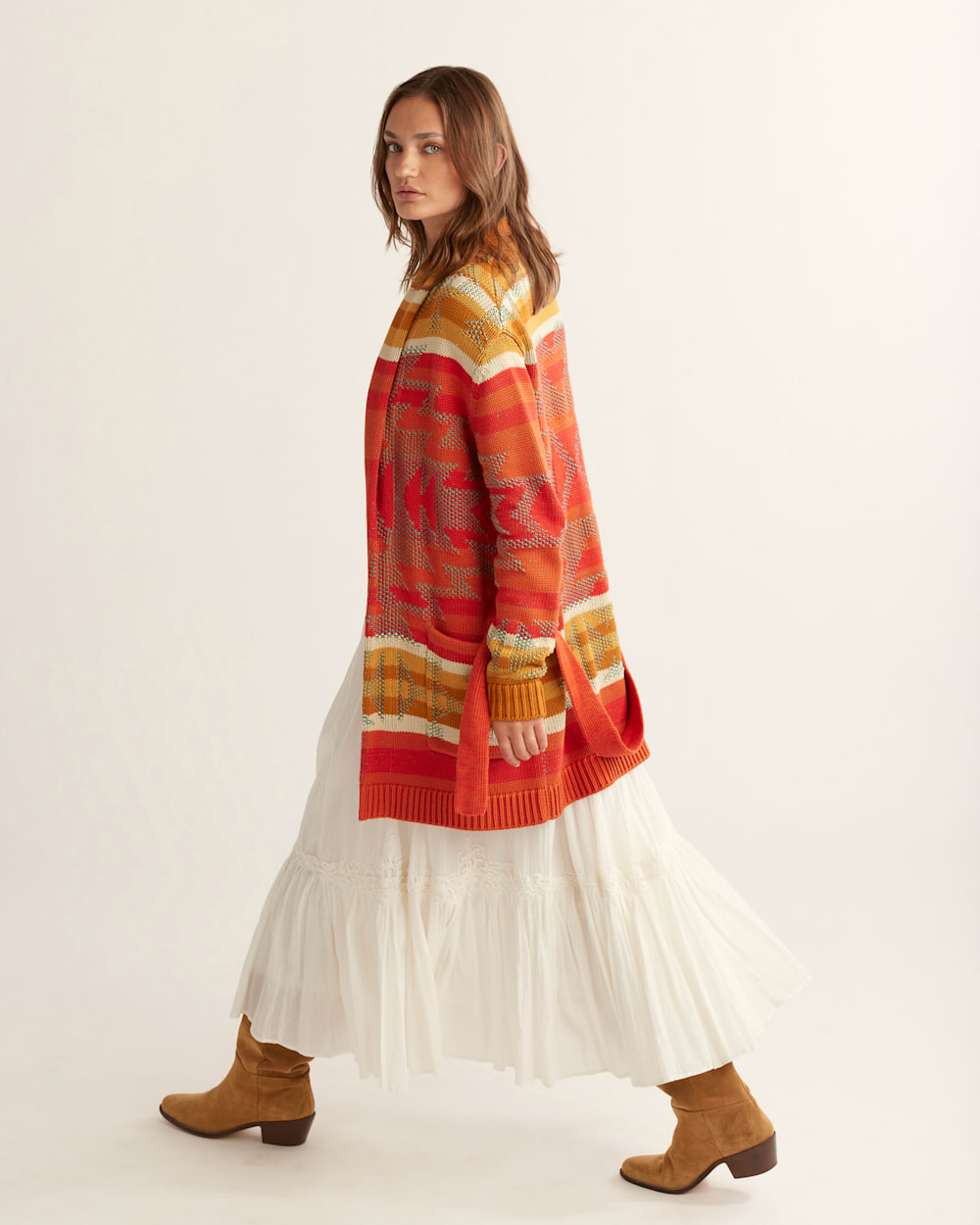 ALTERNATE VIEW OF WOMEN'S MONTEREY BELTED CARDIGAN IN RED/AQUA MULTI image number 5