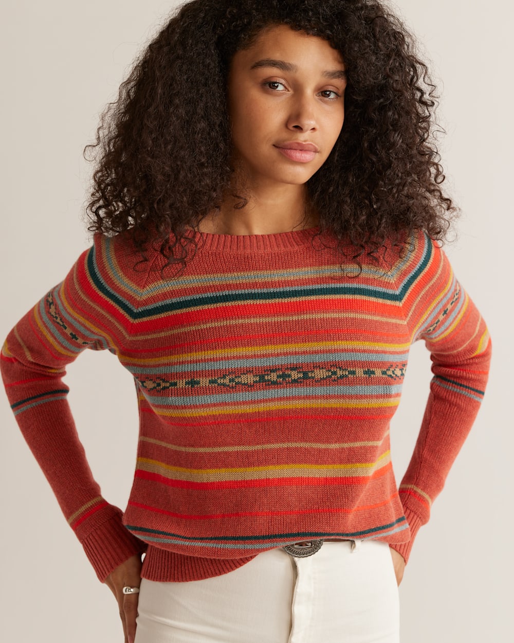 ALTERNATE VIEW OF WOMEN'S RAGLAN COTTON GRAPHIC SWEATER IN RED MULTI STRIPE image number 4