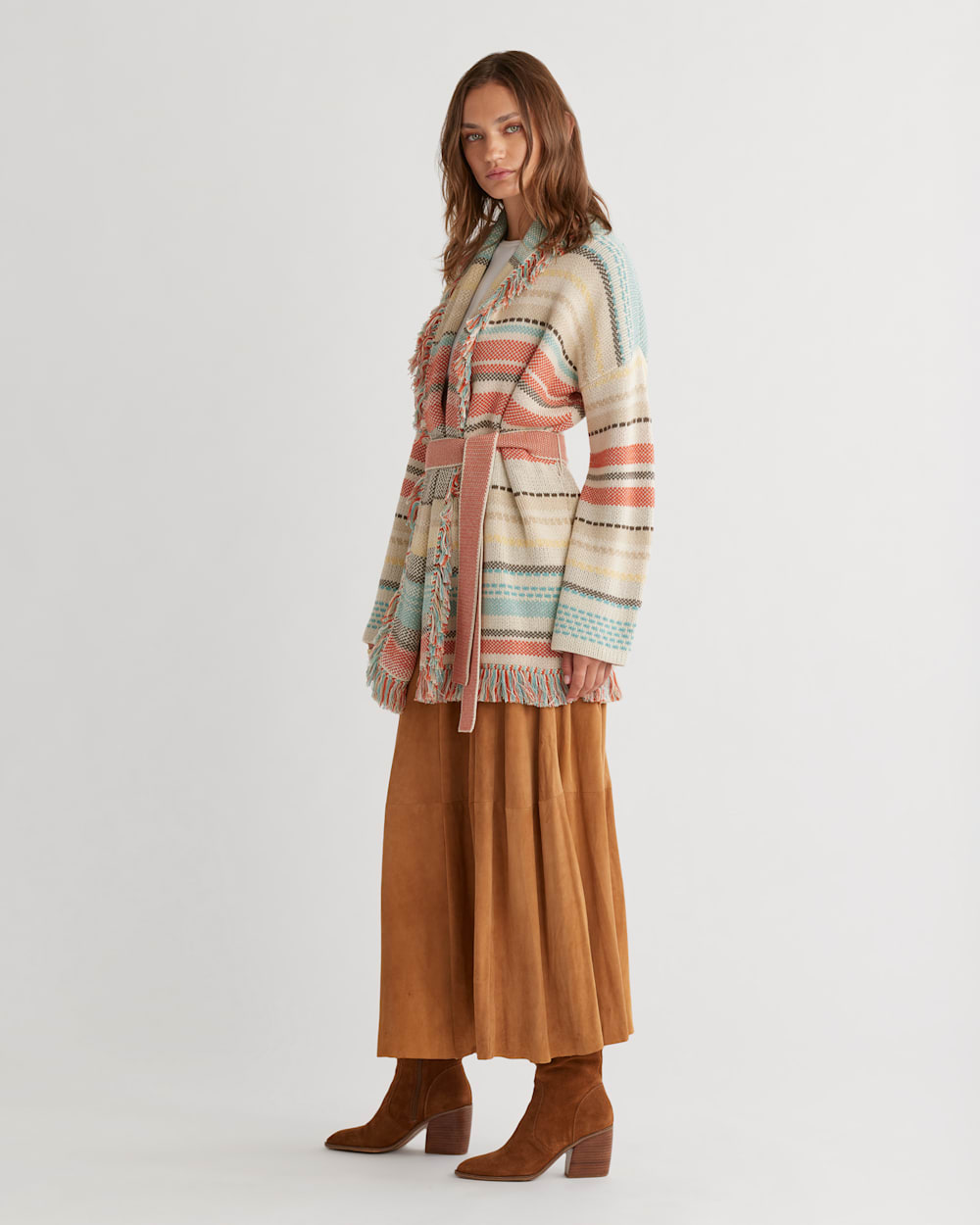 ALTERNATE VIEW OF WOMEN'S COLUMBIA SHAWL-COLLAR CARDIGAN IN SANDSHELL MULTI STRIPE image number 2