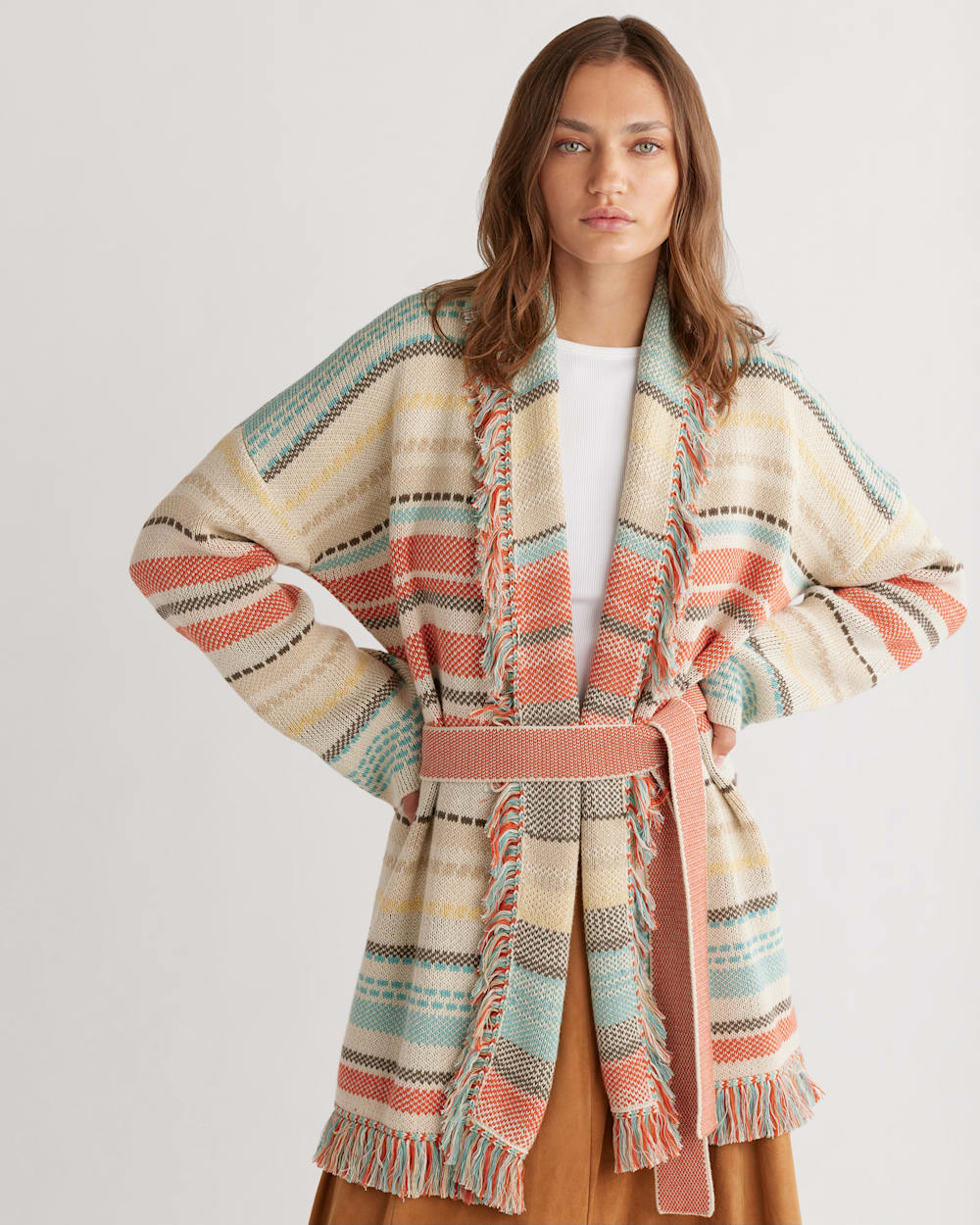 ALTERNATE VIEW OF WOMEN'S COLUMBIA SHAWL-COLLAR CARDIGAN IN SANDSHELL MULTI STRIPE image number 4