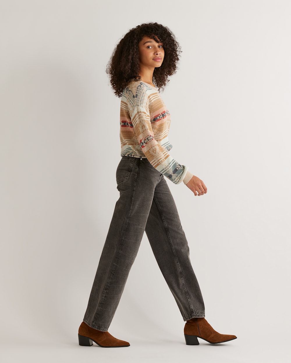 ALTERNATE VIEW OF WOMEN'S BISHOP SLEEVE COTTON PULLOVER IN TAN/AQUA MULTI image number 2