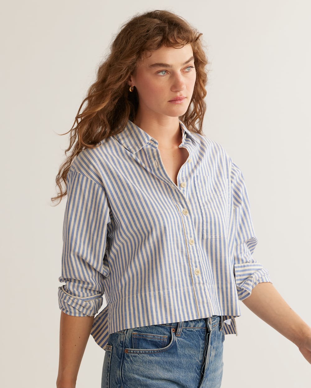 ALTERNATE VIEW OF WOMEN'S BRENTWOOD OVERSIZED SHIRT IN BLUE/IVORY STRIPE image number 4